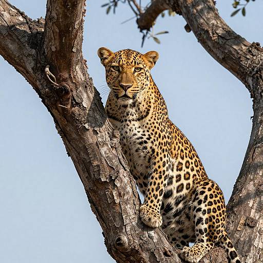 Leopard in Sunlit Tree with Soft Shadows