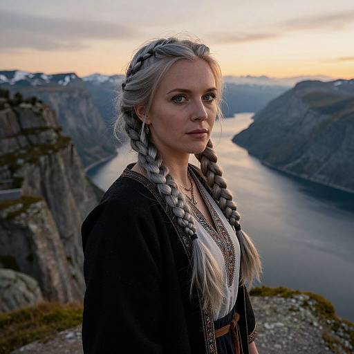 Photograph of a fair-skinned woman with long, braided silver hair, wearing a black jacket over a white blouse, standing on a rocky cliff