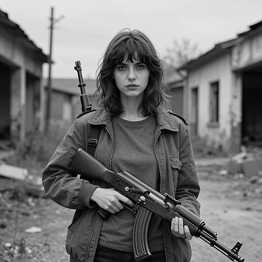 Moody Portrait of Woman with AK-47