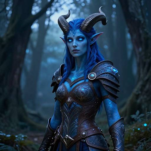 Blue Tiefling in Mystical Twilight Forest