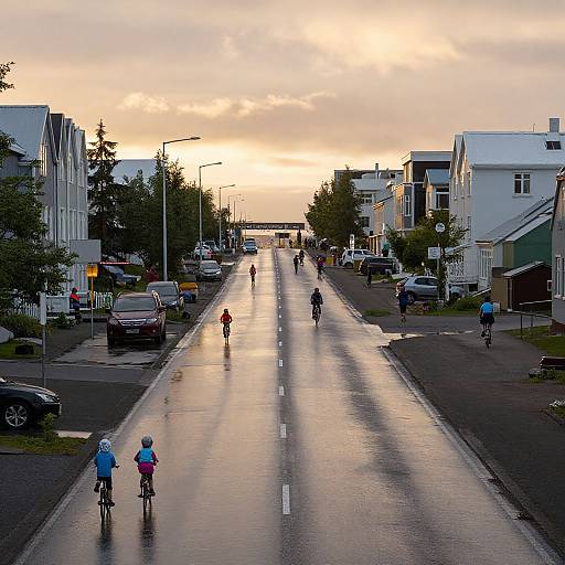 Photograph of a wet, sunlit urban street with cyclists, cars, and buildings, reflecting the golden sunset sky.
