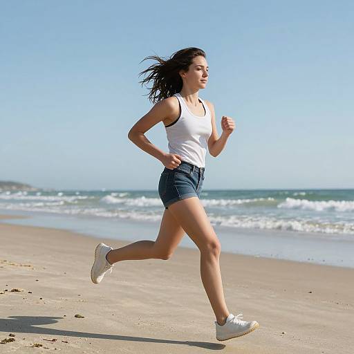 Photograph of a young woman with long dark hair, wearing a white tank top, blue shorts, and white sneakers, running on a sunny beach with