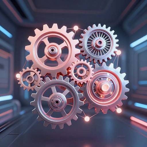 CGI image of glowing metallic gears of varying sizes in a futuristic, blue-lit corridor, with illuminated light bulbs connecting them.