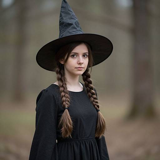 Photograph of a young girl with fair skin, brown braided hair, wearing a black witch hat and dress, standing in a blurred forest background.