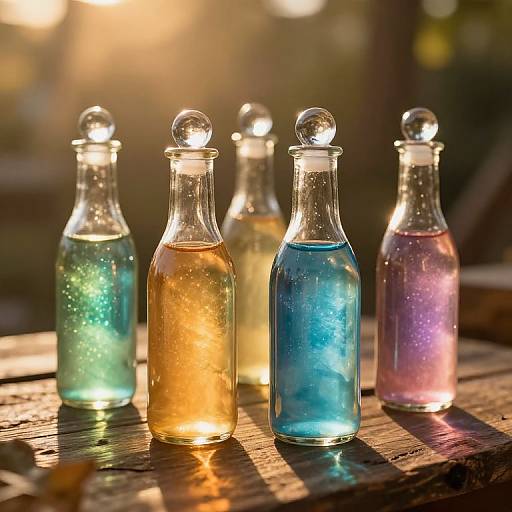 Photograph of five translucent glass bottles with colorful, glowing liquids and spherical stoppers, arranged on a sunlit wooden table.