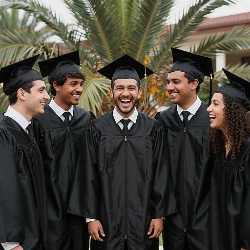 Group of Graduates in Black Caps and Gowns Laughing Outdoors