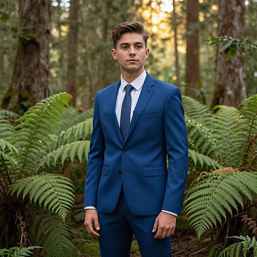Confident Man in Blue Suit in Forest