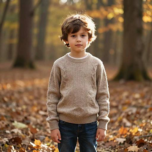 Boy in Sunlit Autumn Forest