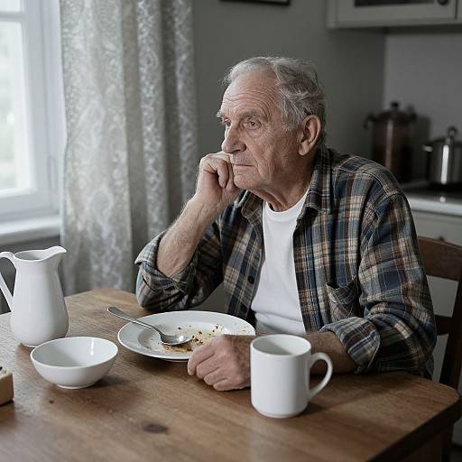 Photograph of an elderly man with gray hair, wearing a plaid shirt and white t-shirt, sitting at a wooden table, thinking, with breakfast