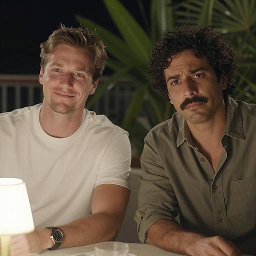 Two Men Sitting at Outdoor Table at Night