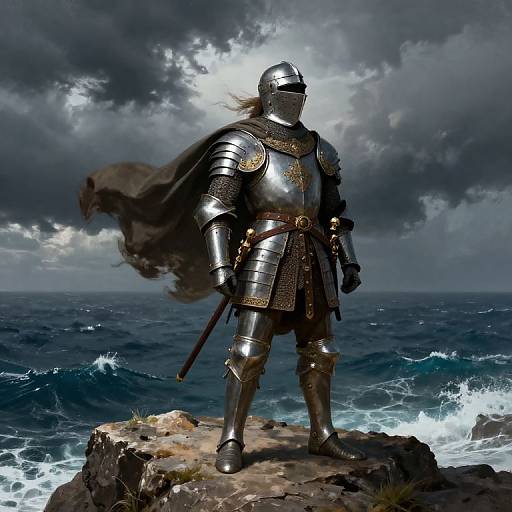Digital illustration of a medieval knight in shiny silver armor with a dark cape, standing on a rocky cliff overlooking stormy ocean waves.