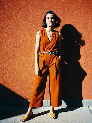 Woman in Terracotta Jumpsuit Against Wall