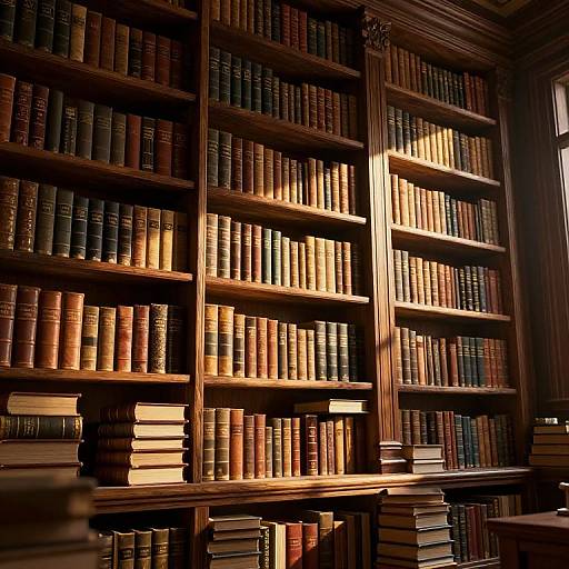 Photograph of a sunlit wooden bookshelf filled with neatly arranged, colorful, leather-bound books, casting warm shadows in an elegant library.