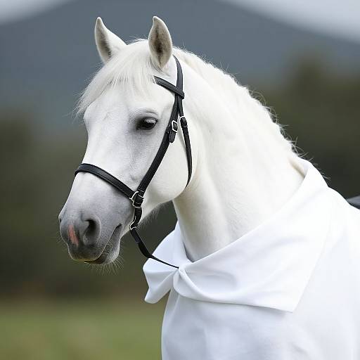 Photograph of a white horse with a black halter, wearing a white shirt, against a blurred mountainous background.