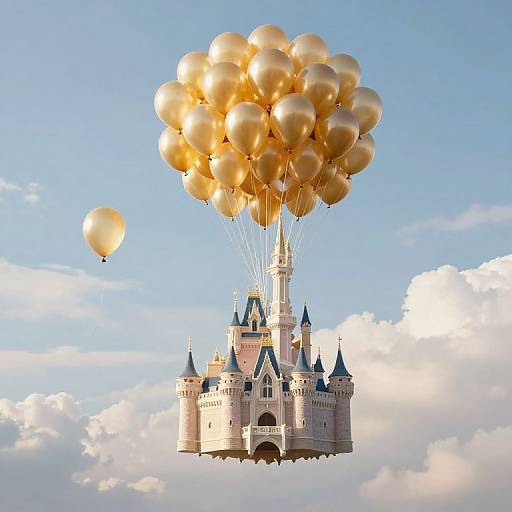 Photograph of a whimsical castle with golden balloons floating above it against a bright blue sky with fluffy clouds.