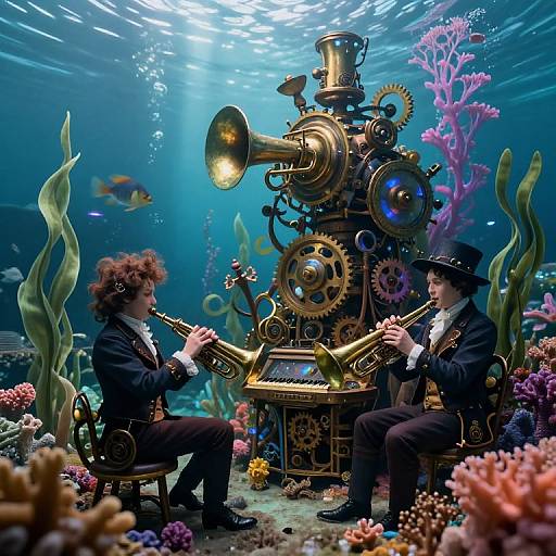 Two steampunk musicians in top hats play brass instruments in an underwater coral reef, surrounded by colorful fish and seaweed. Photorealistic digital art