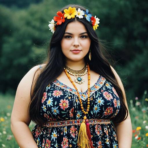 Plus Size Woman in Floral Hippie Dress with Flower Crown