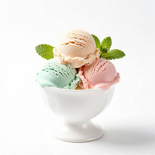 Photograph of three scoops of ice cream—pink, green, and beige—in a white ceramic bowl with fresh mint leaves.