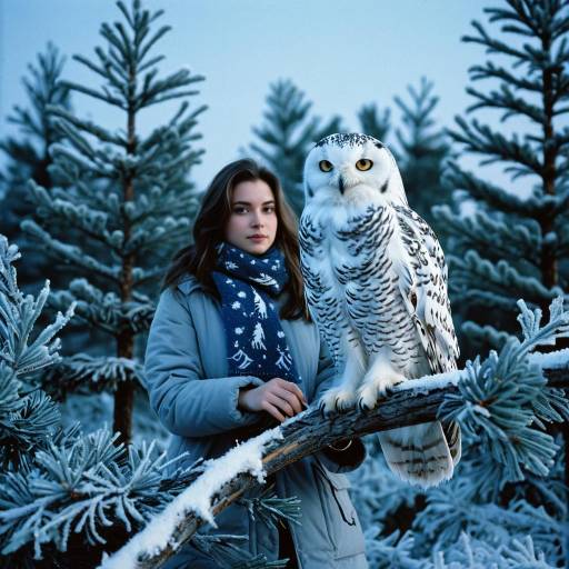 Young Woman with Snowy Owl in Frosty Pine Forest