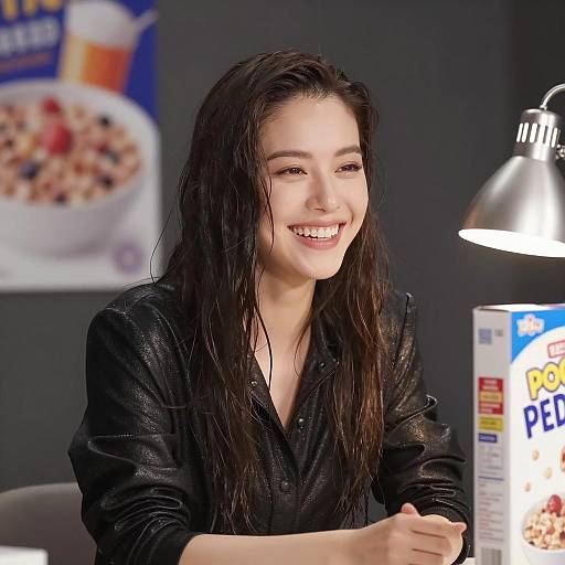 Joyful Woman in Shiny Black Jacket