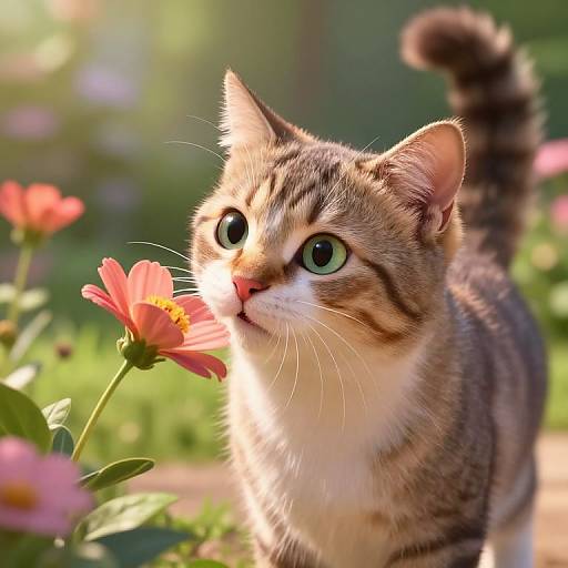 Photograph of a curious, green-eyed tabby kitten gently sniffing a pink flower in a sunlit garden, with blurred flowers and greenery in