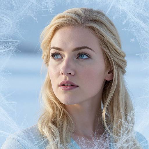 Photograph of a blonde woman with blue eyes, fair skin, and wavy hair, gazing thoughtfully, framed by intricate ice patterns.
