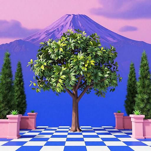 Vivid Digital Landscape with Tree and Mountain