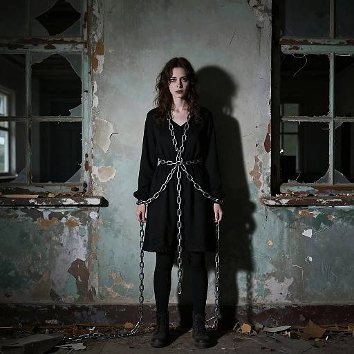 Photograph of a pale woman with dark curly hair, wearing a black dress and chains, standing in a dilapidated, dimly lit room with