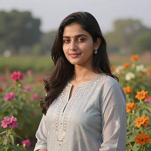 Indian Woman in Light Grey Embroidered Shalwar Kameez in Flower Garden