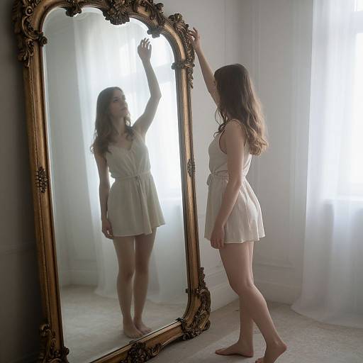 Photograph of a woman with long brown hair, wearing a white, sleeveless, belted dress, standing barefoot in front of an ornate