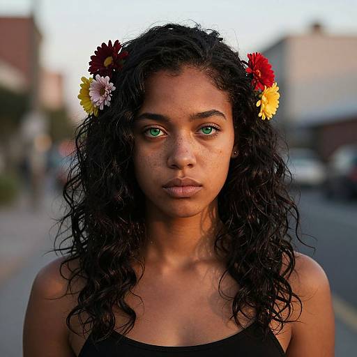 Photograph of a young Black woman with curly hair, green eyes, and a serious expression, wearing a black top and a floral headband with red