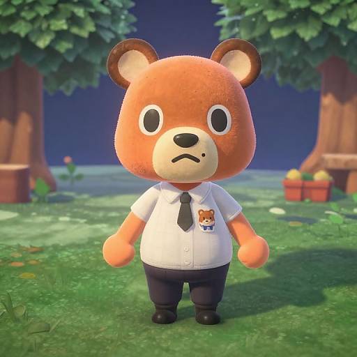 3D CGI of a cute, chubby, anthropomorphic bear in a white shirt, black tie, and pants, standing in a grassy forest.