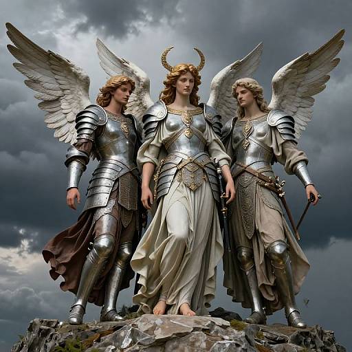 Photorealistic digital artwork of three angelic armored figures with wings, standing on a rocky pedestal under a stormy sky.