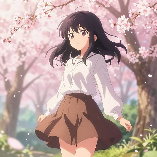 Anime Girl in Cherry Blossom Garden