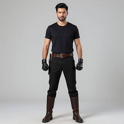 Photograph of a muscular, bearded man with dark hair, wearing a black t-shirt, black pants, brown belt, black gloves, and brown