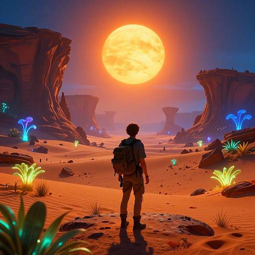 Digital art of a lone backpacker standing in a glowing, orange desert at sunset, with bioluminescent plants and towering rock formations.