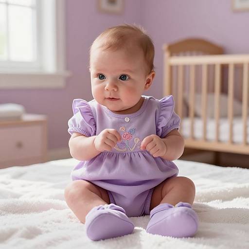 Photograph of a curious, fair-skinned baby with light brown hair, wearing a lavender dress and matching shoes, sitting on a white crib mattress in