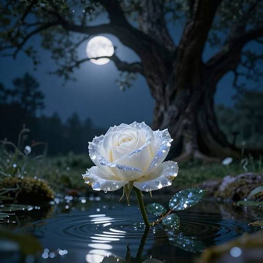 Photograph of a glowing white rose with dewdrops, standing in a reflective, moonlit pond, with a full moon and dark tree in the background