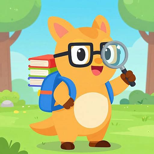 Cartoon orange fox with glasses, magnifying glass, blue backpack, and colorful books, standing in a sunny, green park.