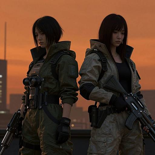 Photograph of two serious, armed Asian women in military camouflage standing back-to-back at sunset, holding rifles, with an orange sky and cityscape background