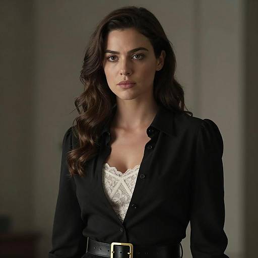 Elegant Woman in Black Shirt and Lace Camisole