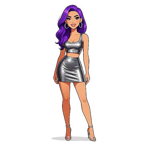 Digital drawing of a confident woman with long purple hair, wearing a silver crop top and matching mini skirt, large hoop earrings, and silver high heels,
