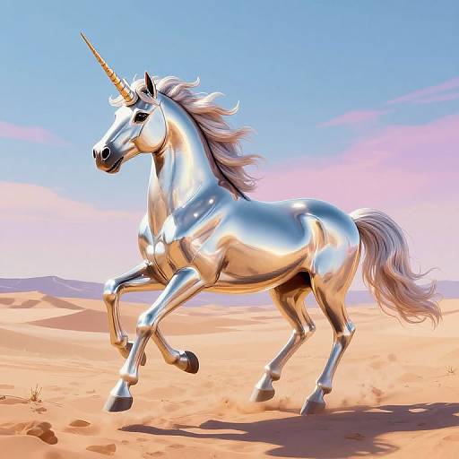 Shiny silver unicorn with a golden horn gallops in a desert under a bright blue sky, reflecting sunlight vividly. Digital art.