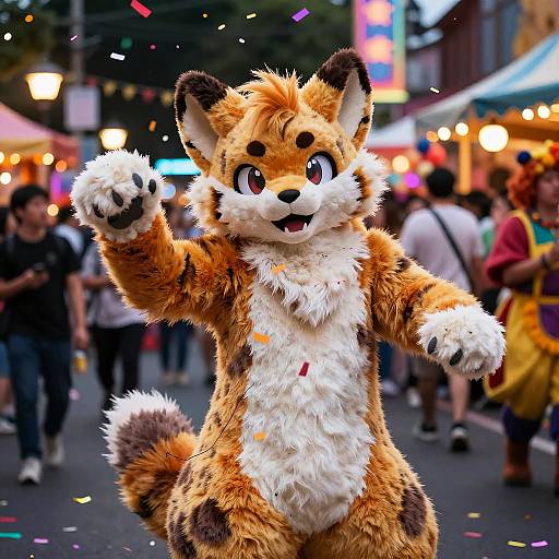 Photograph of a vibrant, furry, orange-and-white fox costume character with large eyes, raised paw, and colorful confetti, in a bustling,