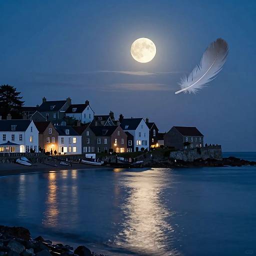 Photograph of a moonlit coastal village with illuminated houses, a glowing full moon, and a feather in the sky, reflecting on calm, blue-ton