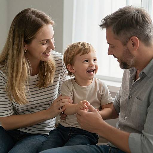 Photograph of a smiling blonde woman, a laughing blond toddler, and a bearded man in a gray shirt, playing together indoors.