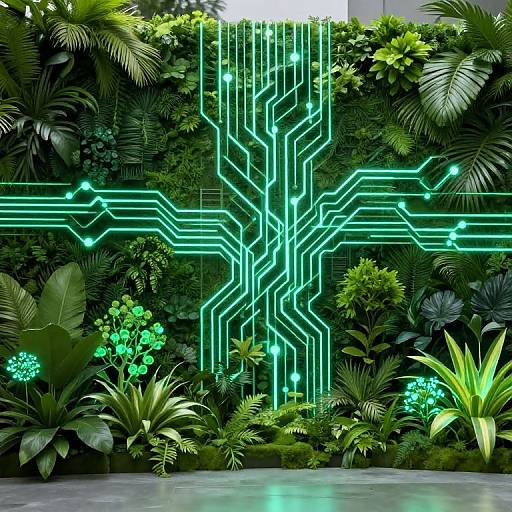 Photograph of a lush green wall with neon circuitry patterns, featuring vibrant glowing lines amidst various tropical plants and foliage.