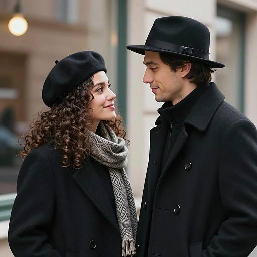 Couple in Black Coats Sharing a Moment