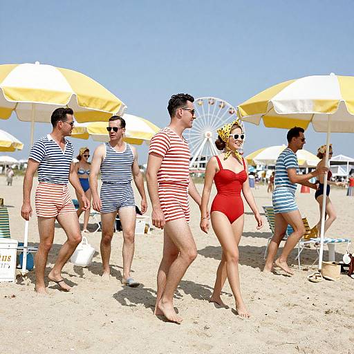 Photograph of a sunny beach with five people walking; three men in striped swimsuits, one woman in a red swimsuit, yellow and white umb