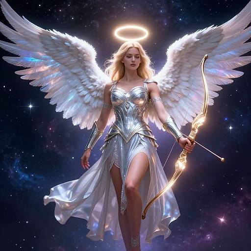 Digital artwork of a blonde angelic warrior with glowing halo, white wings, silver armor, and bow, floating in a starry cosmos.